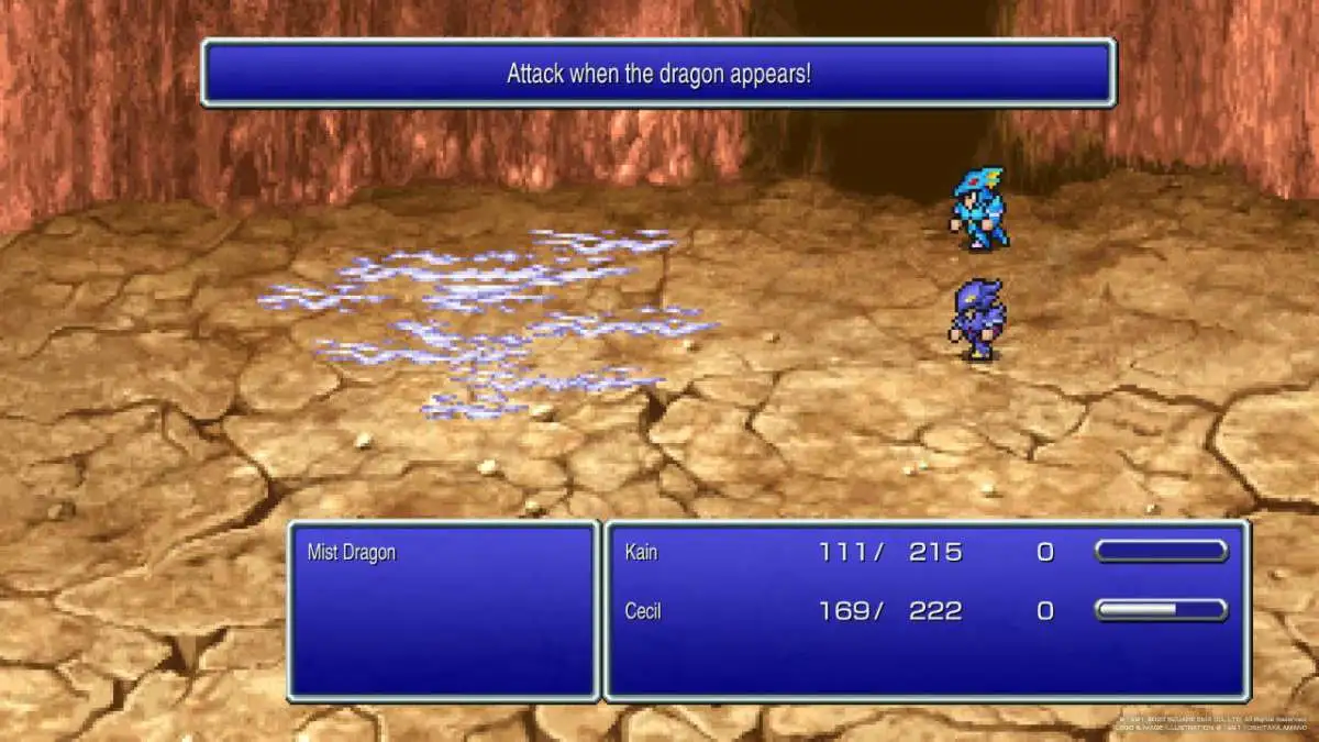 Cecil and Kain fight the Mist Dragon in mist form in Final Fantasy IV.