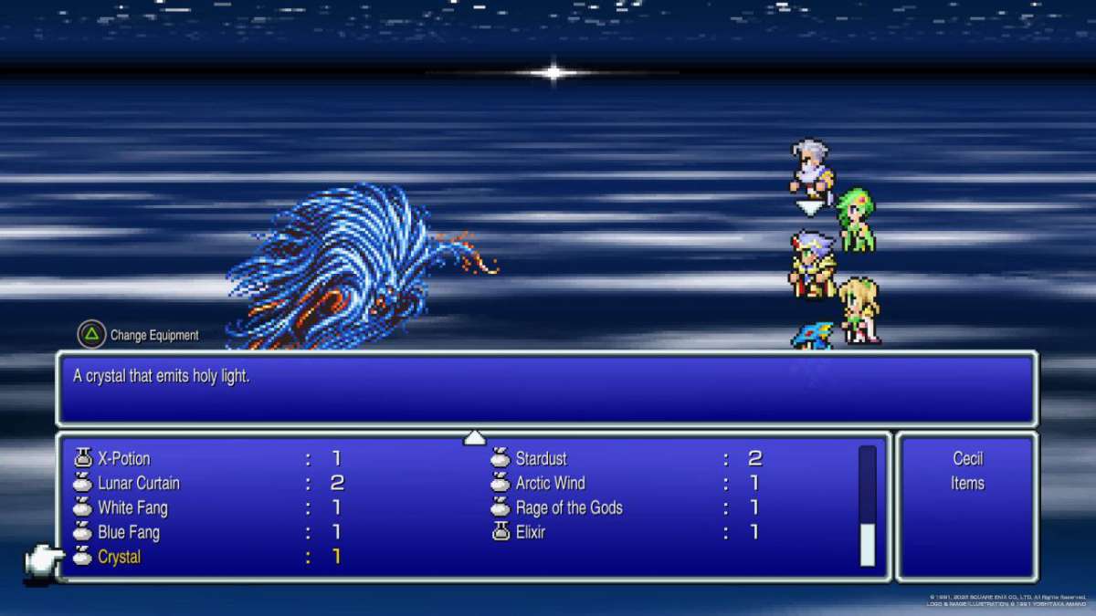 Edge, Rydia, Cecil, Rosa, and Kain fight against Zemus by using a Crystal in their inventory in Final Fantasy IV.