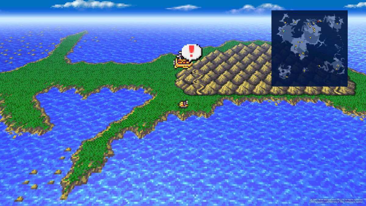 The Enterprise flies above the Hovercraft with a prompt to pick it up in Final Fantasy IV.