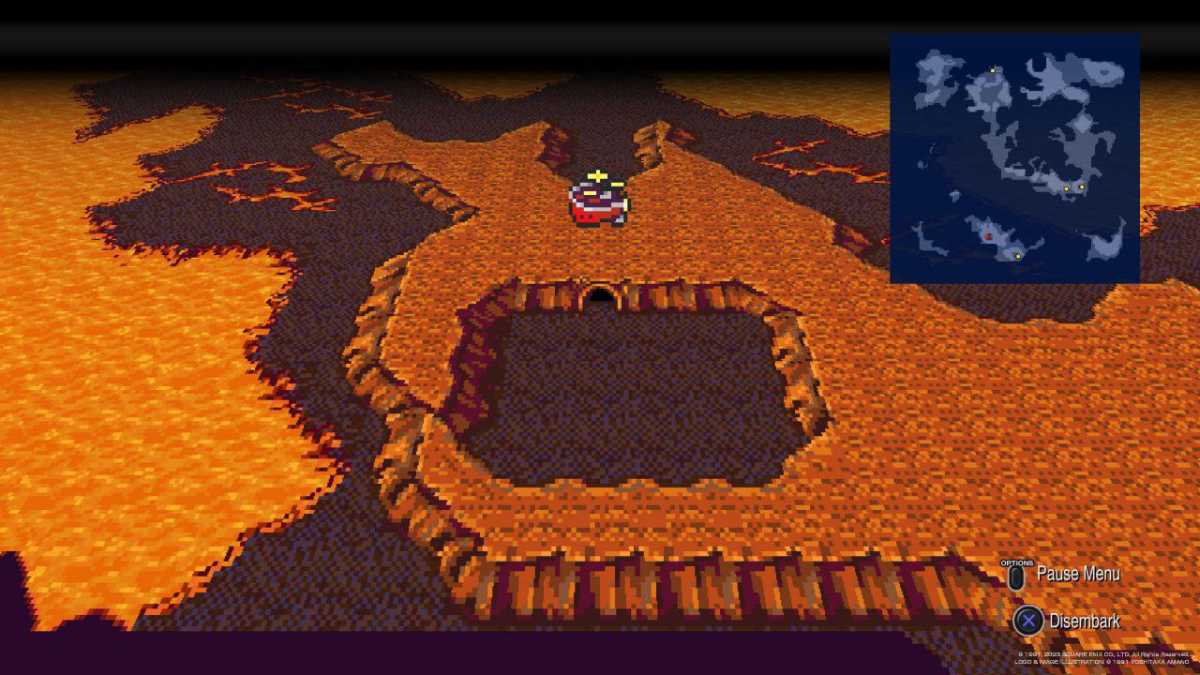 The Falcon flies over the Sealed Cavern's entrance in Final Fantasy IV.