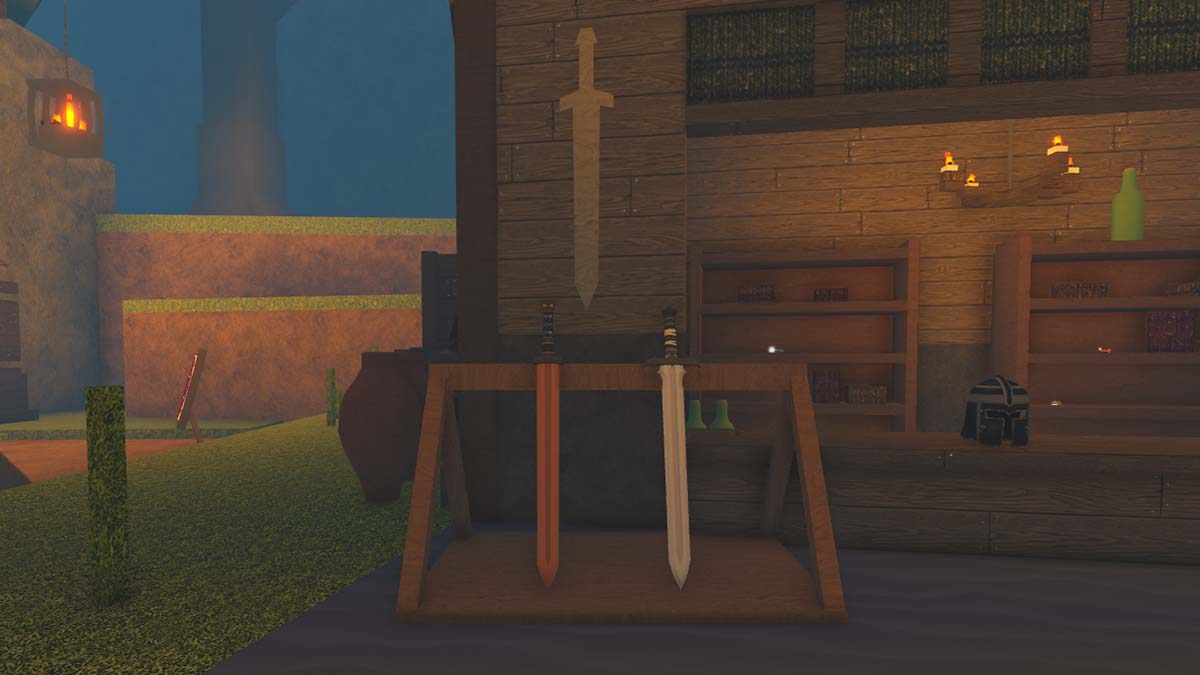 Swords on display outside a shop in Hollowed Roblox.