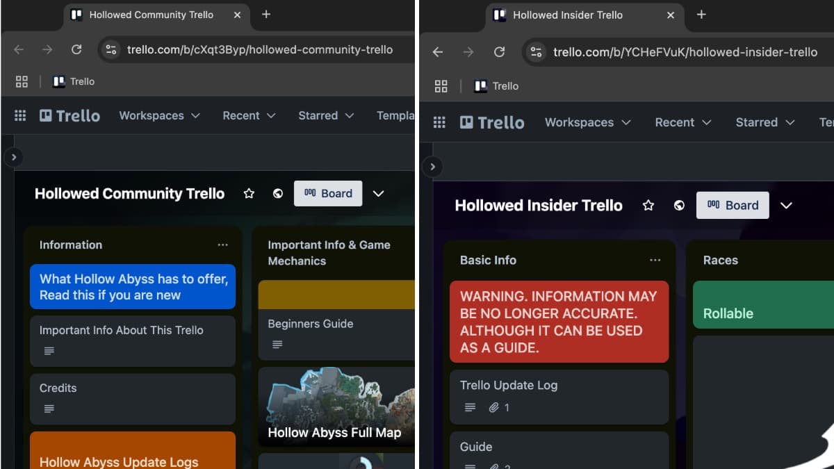 Collage of Hollowed Roblox Insider and Community Trello boards.