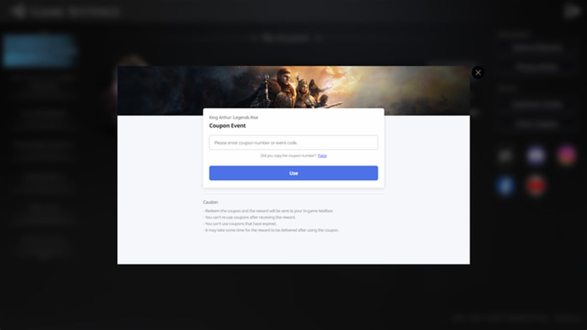 Codes redemption tab in King Arthur Legends Rise.