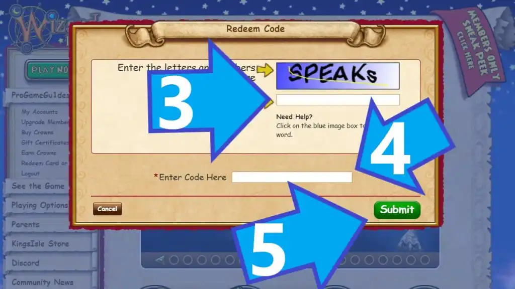 Wizard101 Redeem Code page