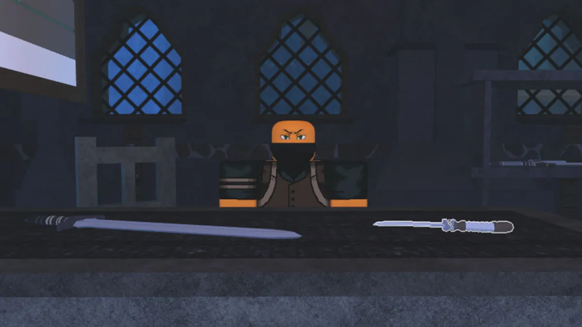 A shop in Hollowed Roblox selling weapons.