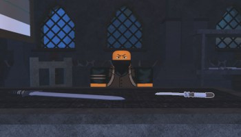 A shop in Hollowed Roblox selling weapons.