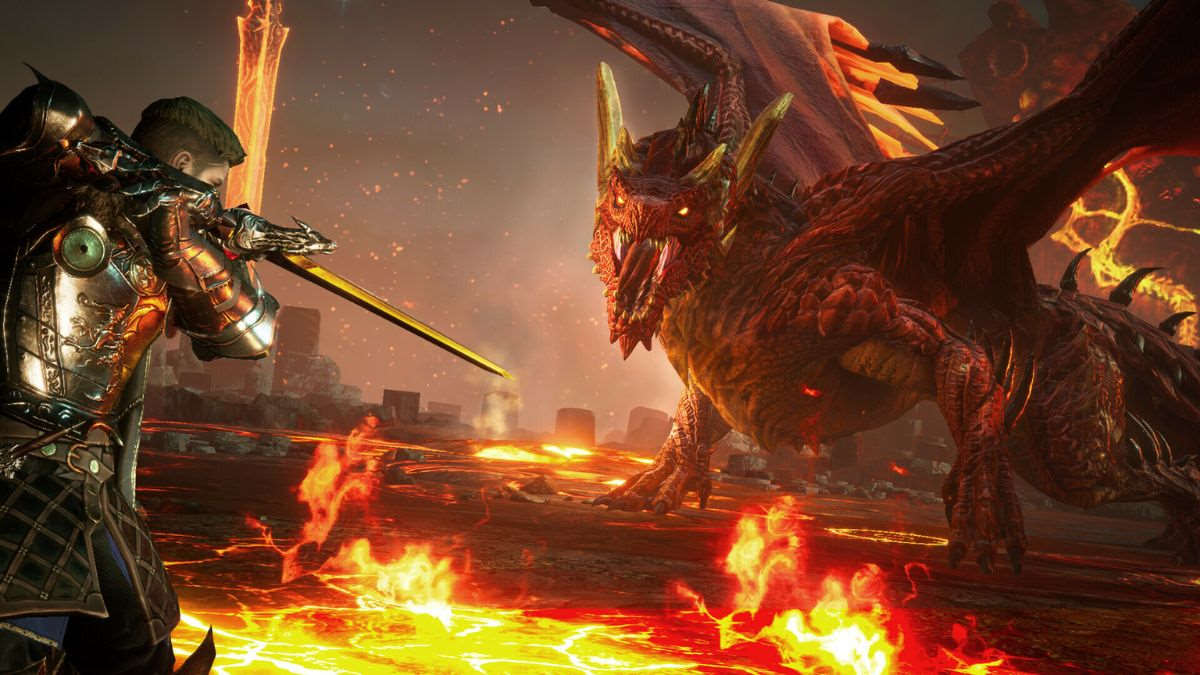 Arthur fighting a dragon in King Arthur Legends Rise