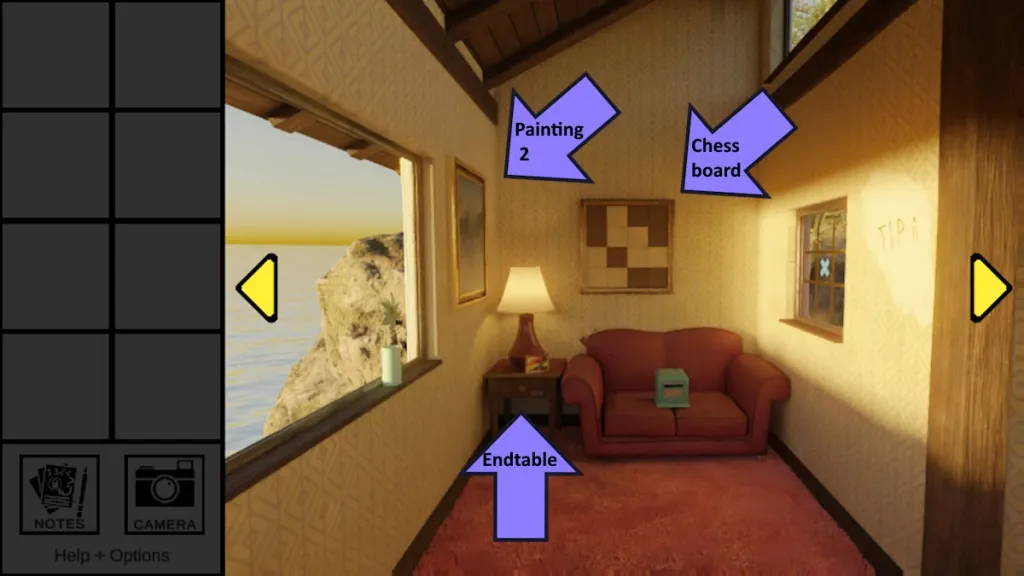 Lodge painting, chessboard, and end table for walkthrough