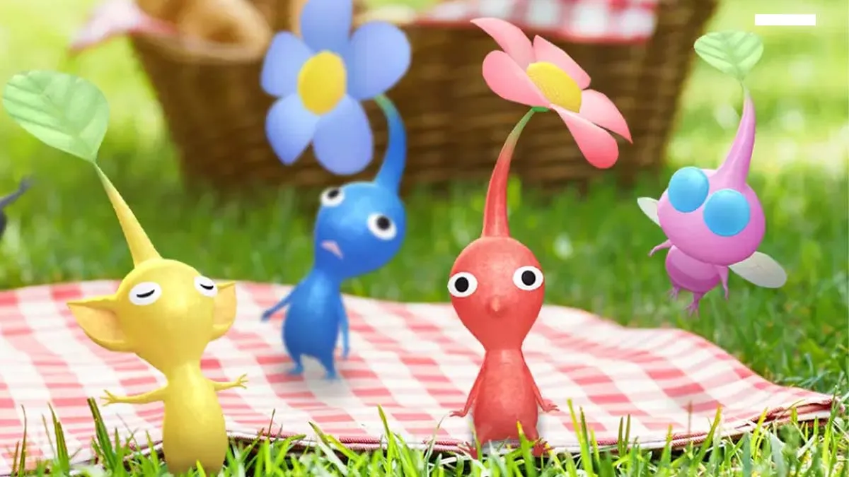 Pikmins on a picnic towel.