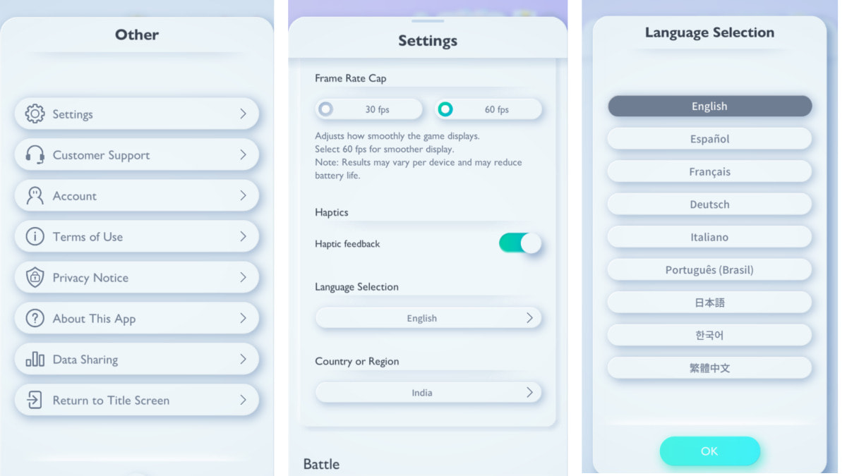 Language selection in Pokemon Trading Card Game Pocket's settings.