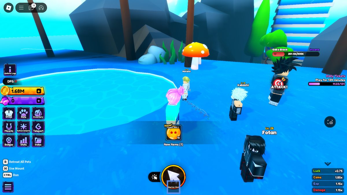 Fishing up a dragon ball in Anime Shadow on Roblox.