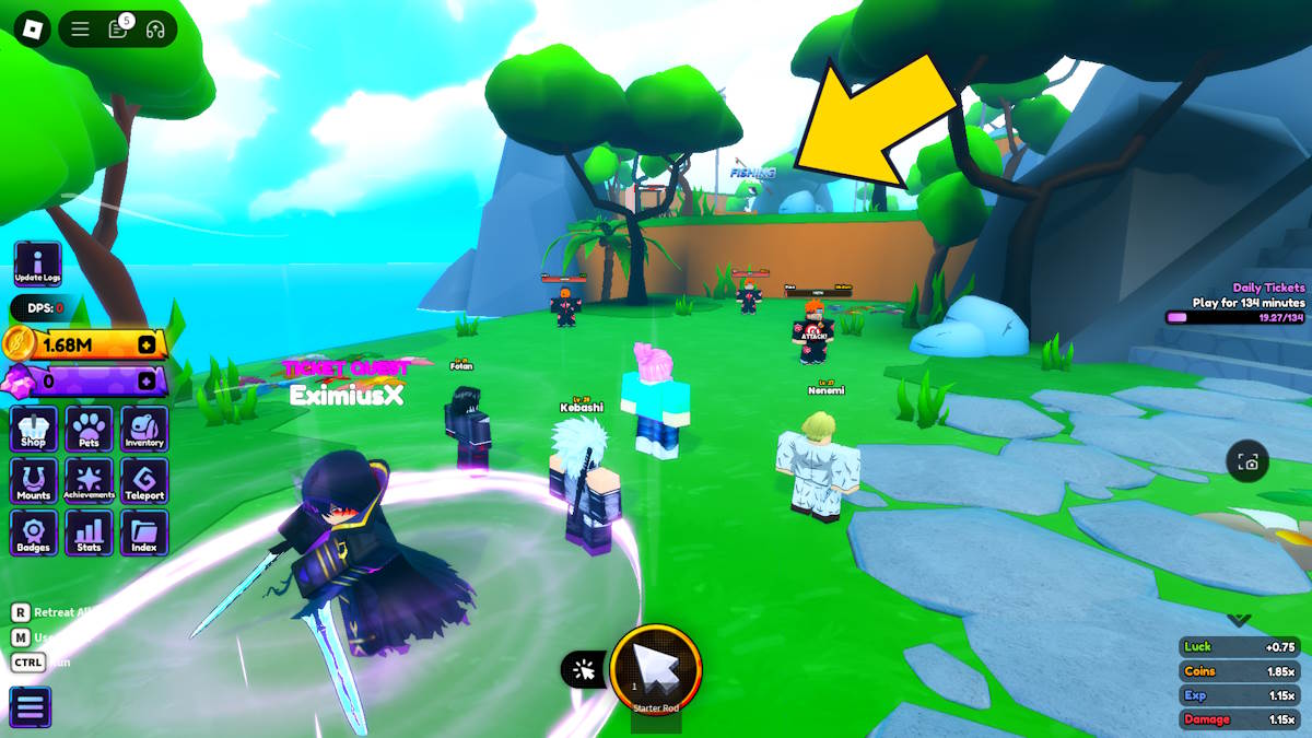 Leaf Village fishing pond location in Anime Shadow on Roblox.