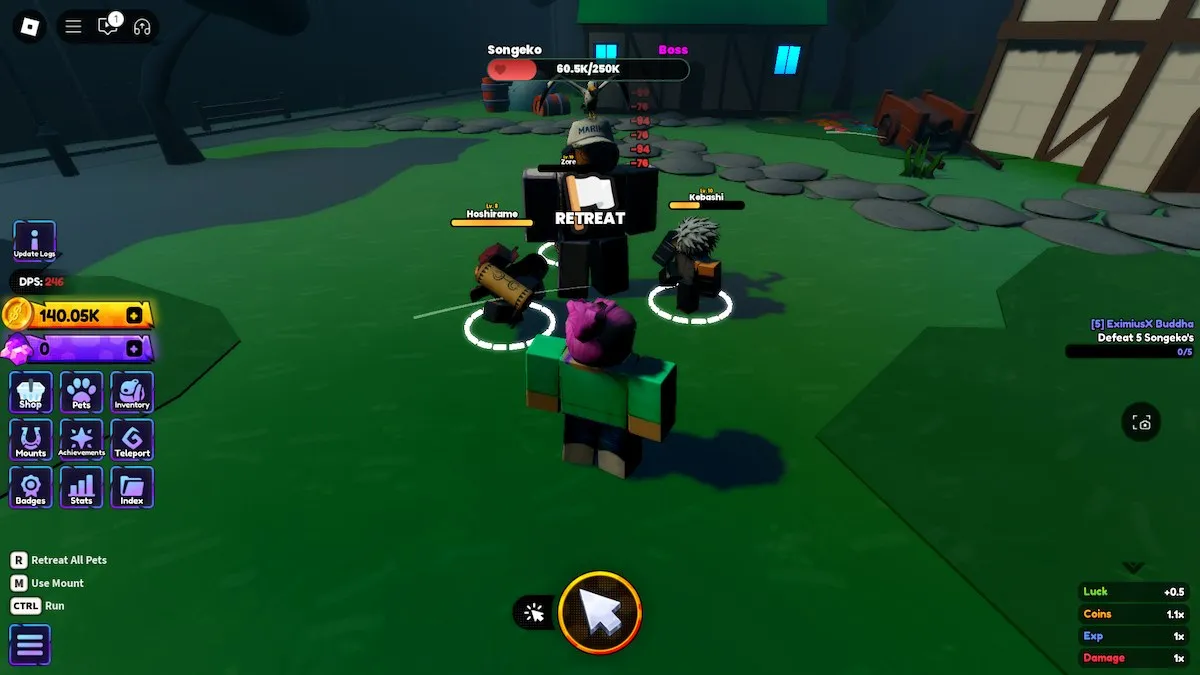 Three pets fighting a boss in Piece Town in Anime Shadow on Roblox.