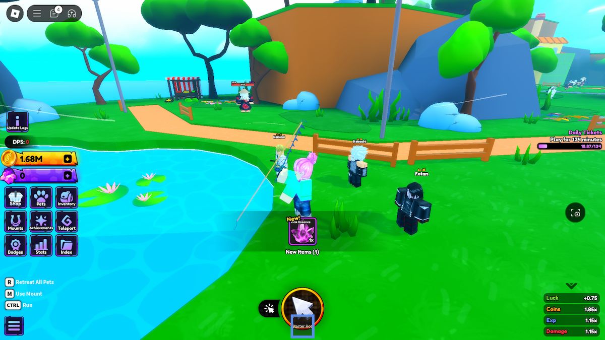 Fishing up a pink essence in Anime Shadow on Roblox.