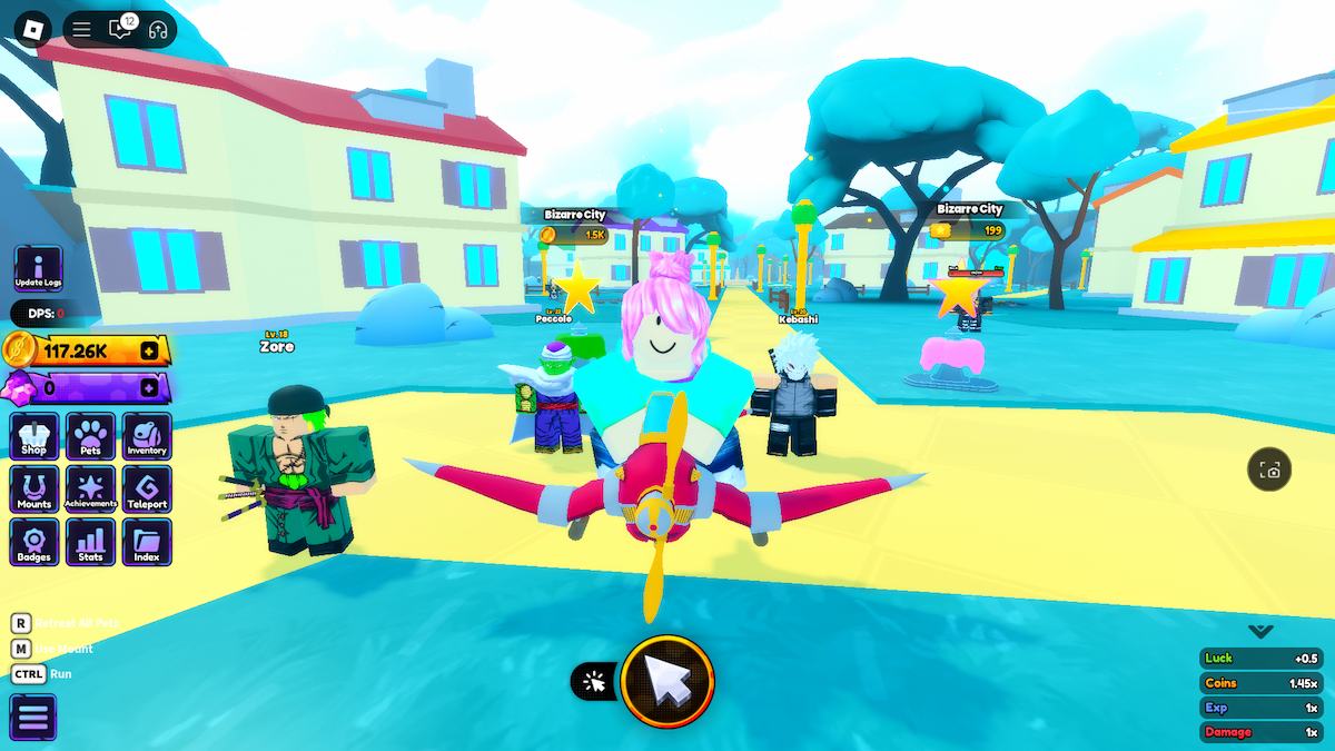 A pink-haired avatar riding the Airplane mount in Anime Shadow on Roblox.