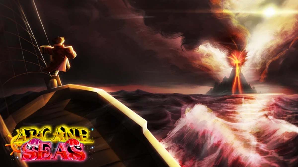 Arcane Seas thumbnail featuring a boat heading towards a volcanic island.