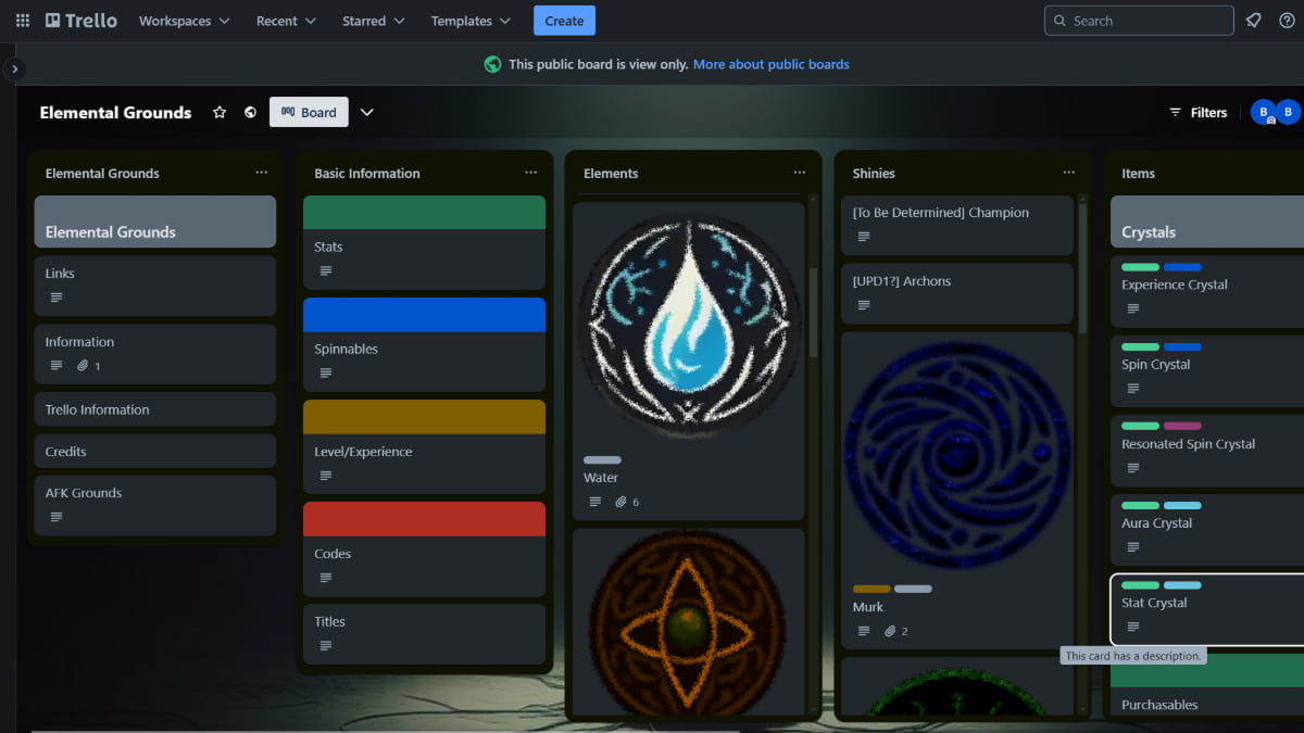 Elemental Grounds Trello board.