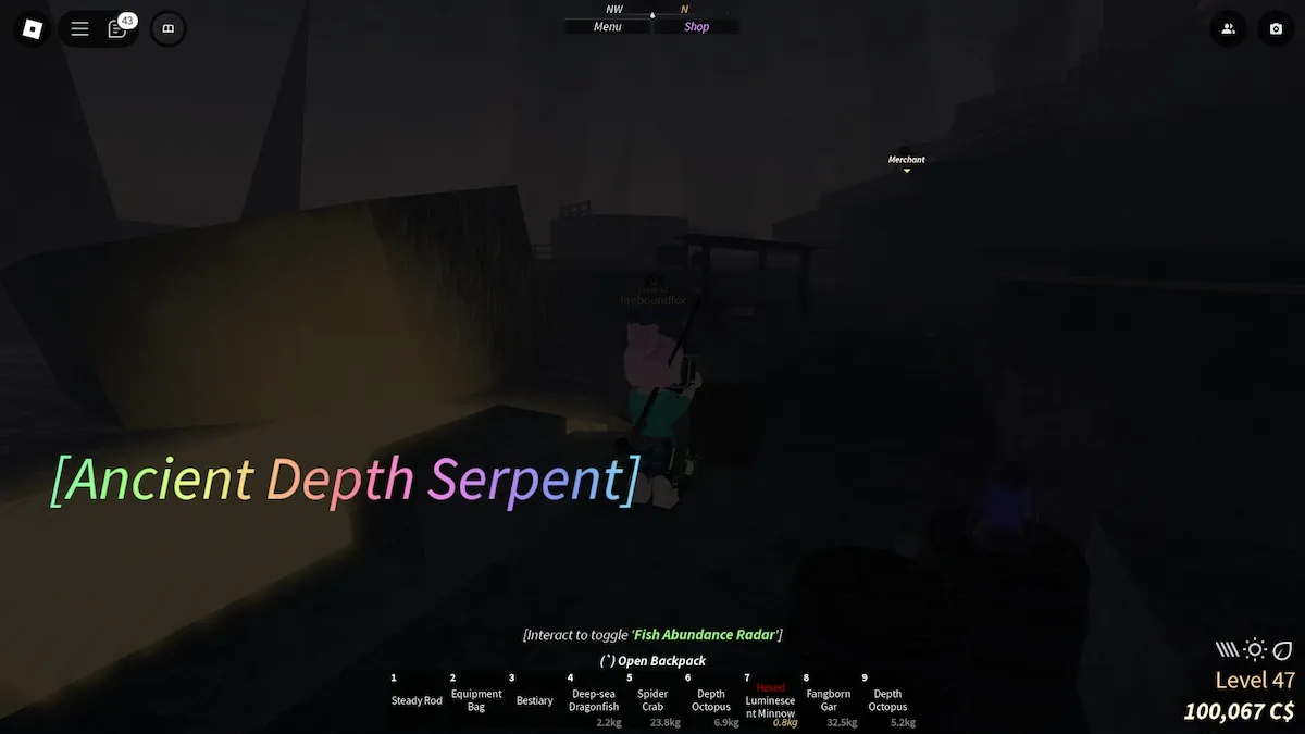 The rainbow text above the spawn area for the Ancient Depth Serpent in Fisch on Roblox.