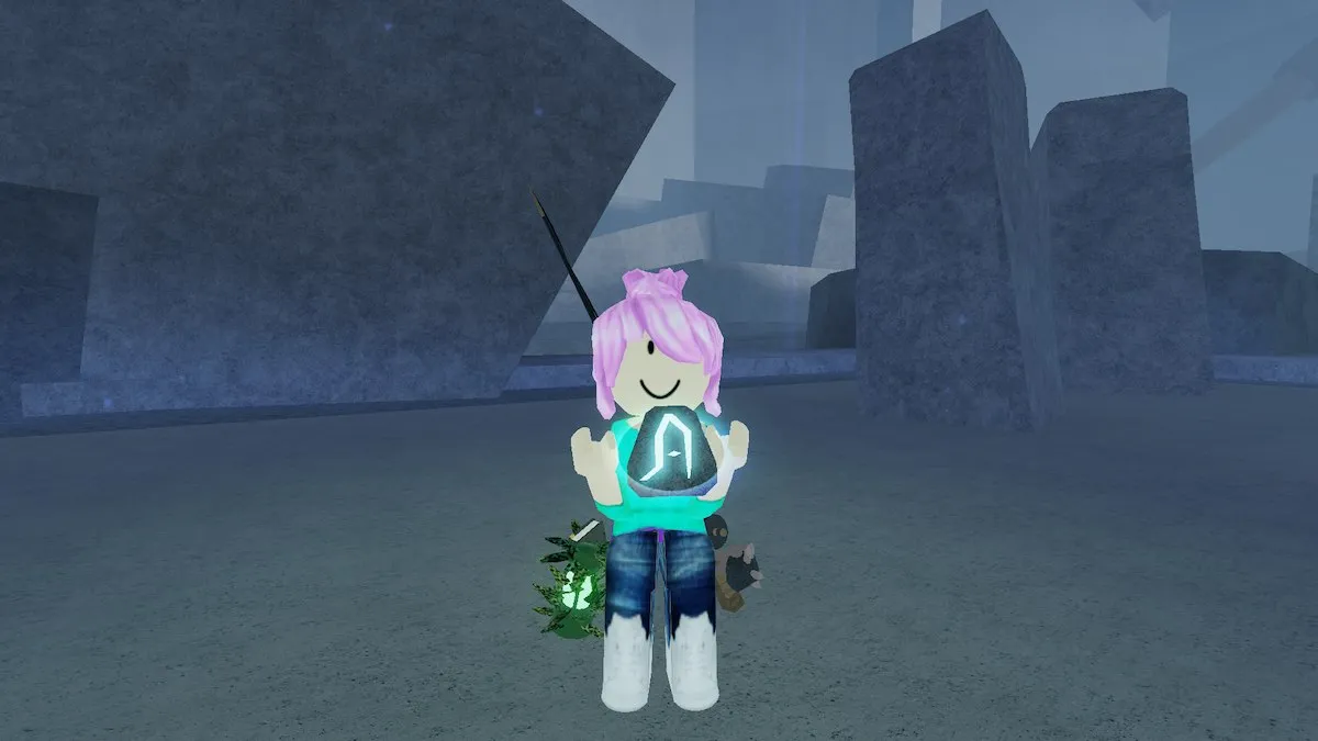 A pink-haired avatar holding an Enchant Relic in Fisch on Roblox.