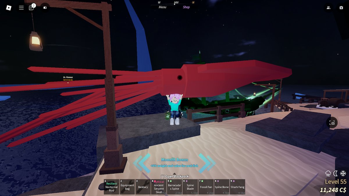 A pink-haired avatar holding a Colossal Squid above their head in Fisch on Roblox.