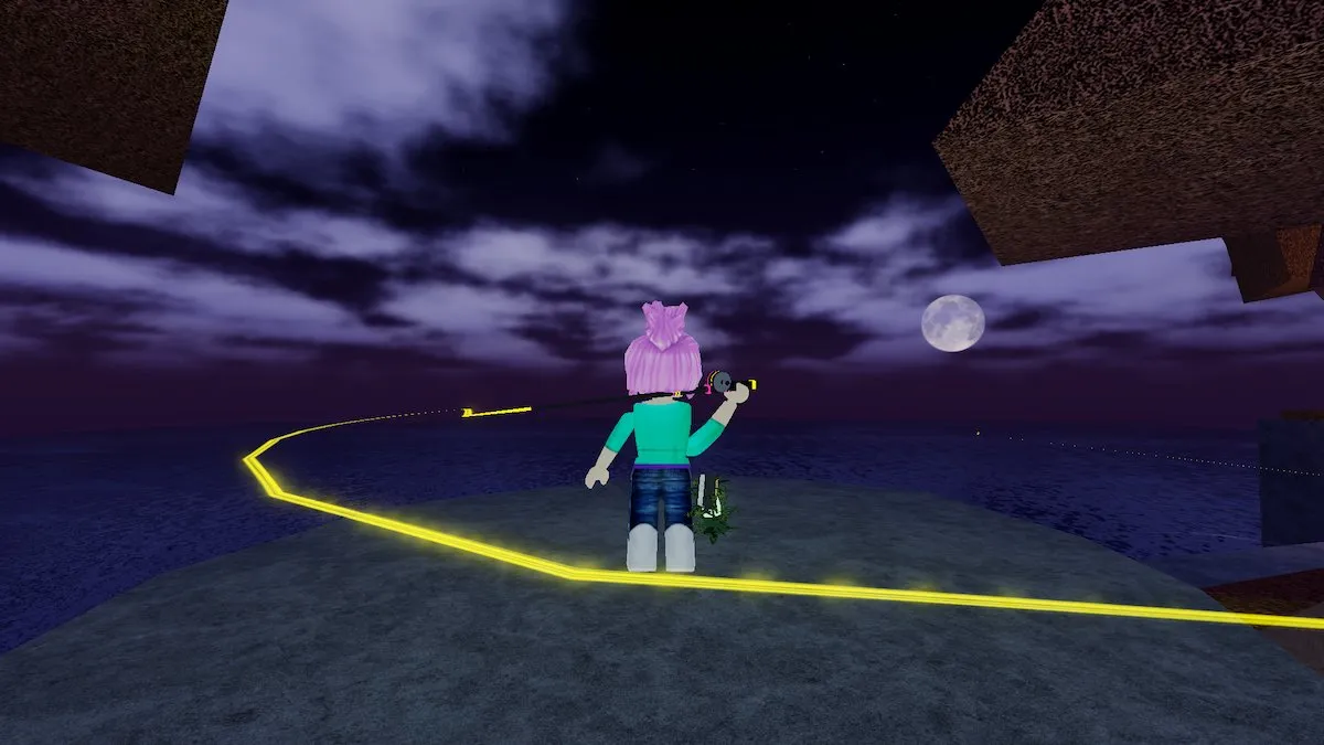 The Mythical Rod at night on the cliffs of Moosewood in Roblox Fisch.