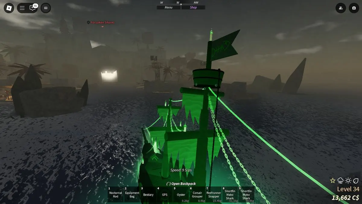 Sailing to the Forsaken Shores in Fisch on Roblox.