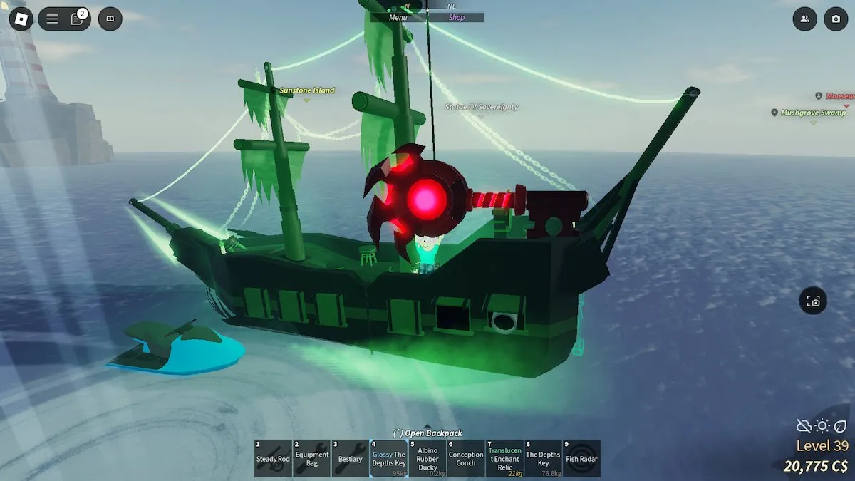 The Depths key being held by a pink-haired avatar standing on the Flying Dutchman ship in Fisch on Roblox.