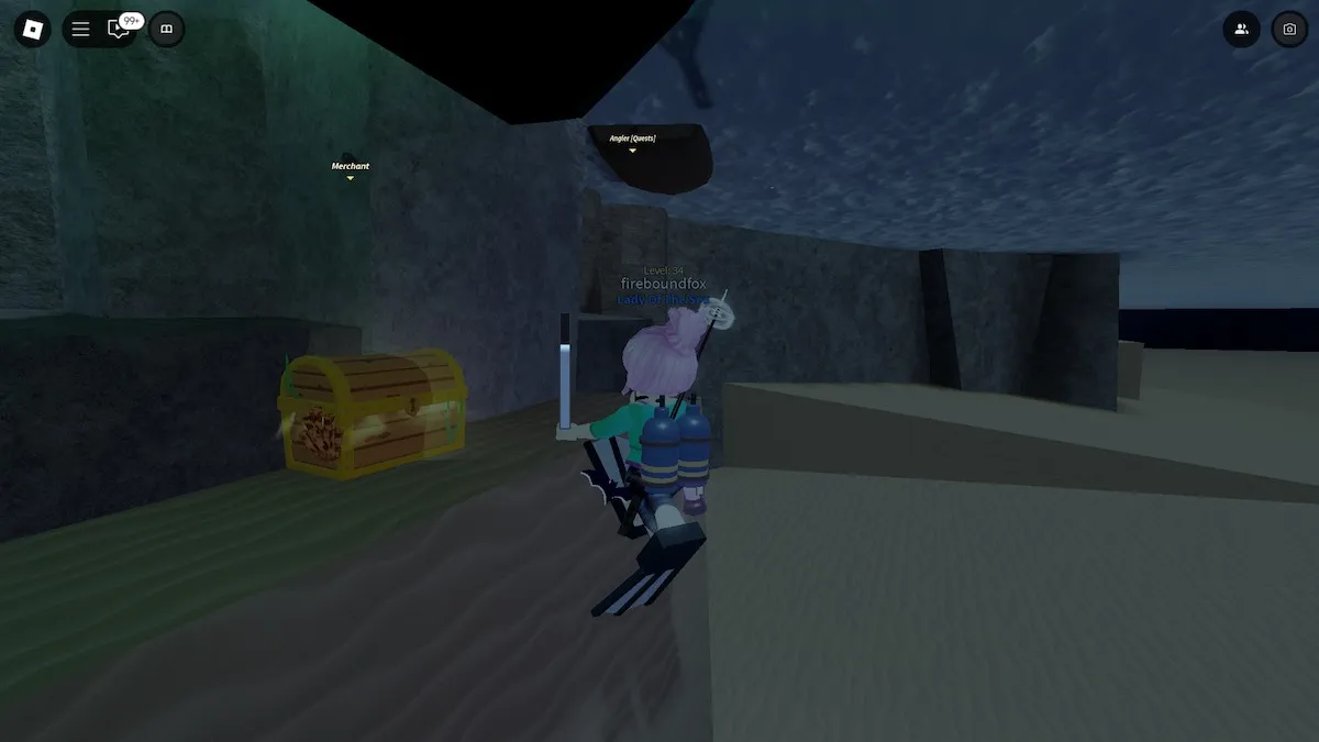 Finding a treasure chest in Fisch on Roblox.