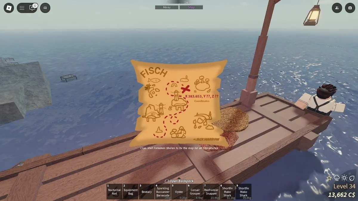 Finding a treasure map in Fisch on Roblox.