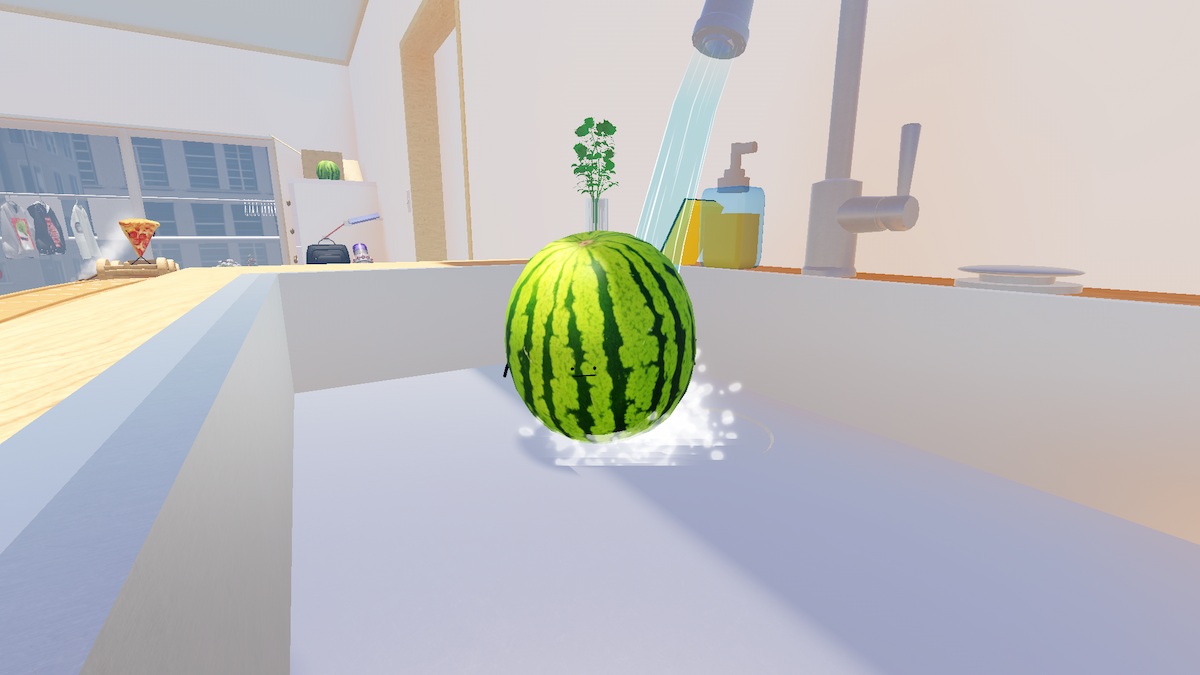 The Watermelon having a bath in the kitchen sink in Secret Staycation on Roblox.