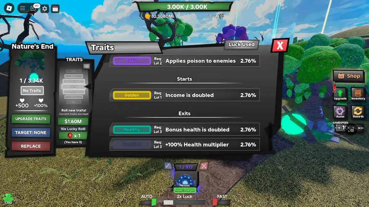 The traits list in Roblox Tower Defense RNG, showing the available traits for Exits.