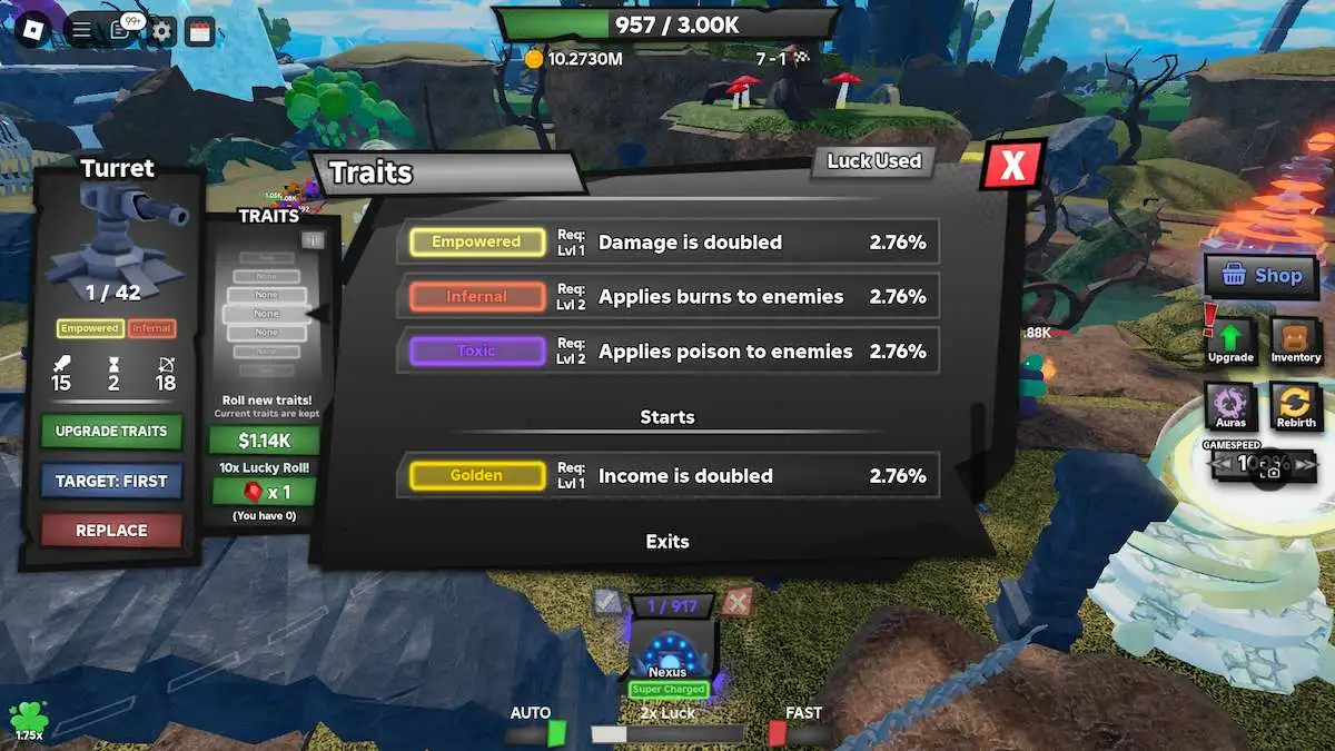 The traits list in Roblox Tower Defense RNG, showing the Golden trait.