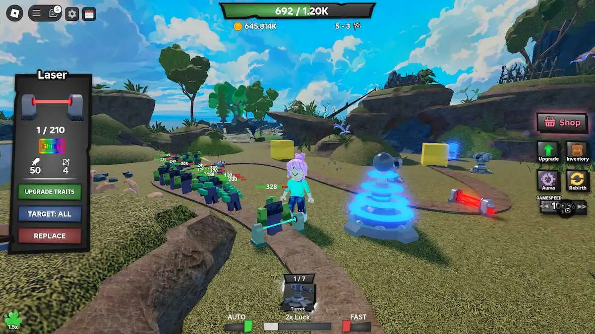 A Laser trap with the Shiny trait in Roblox Tower Defense RNG.