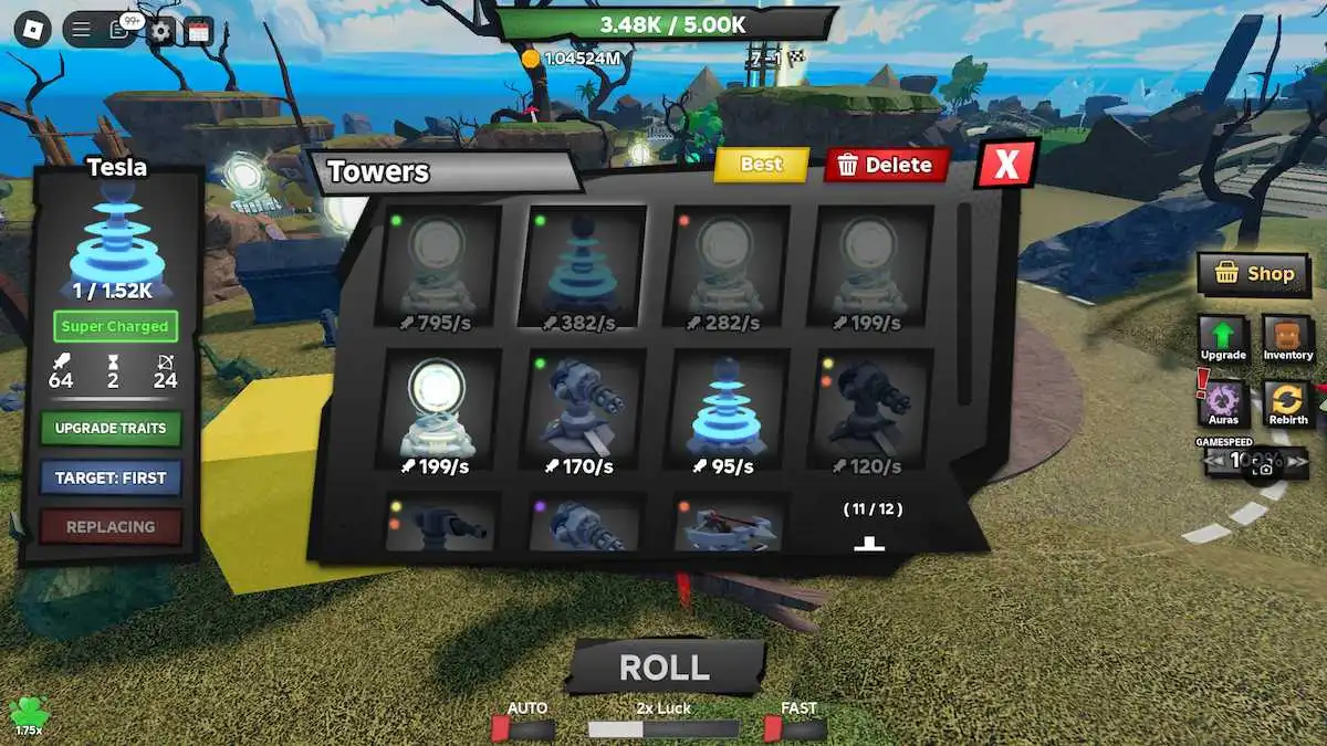 The Towers menu in Tower Defense RNG on Roblox.