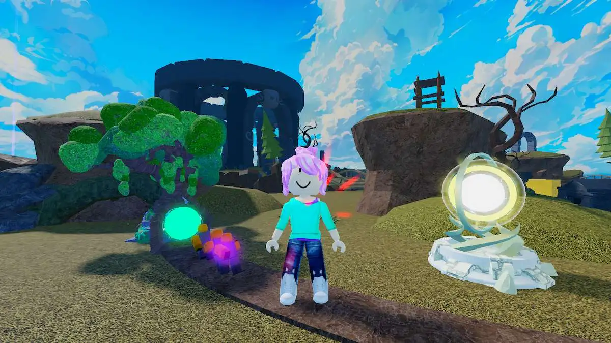 Pink-haired avatar standing between the Orb of Light Tower and the Tree Exit in Tower Defense RNG on Roblox.