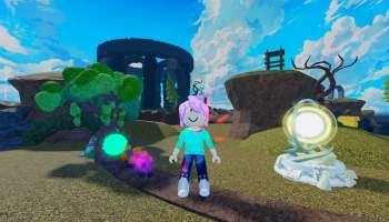 Pink-haired avatar standing between the Orb of Light Tower and the Tree Exit in Tower Defense RNG on Roblox.
