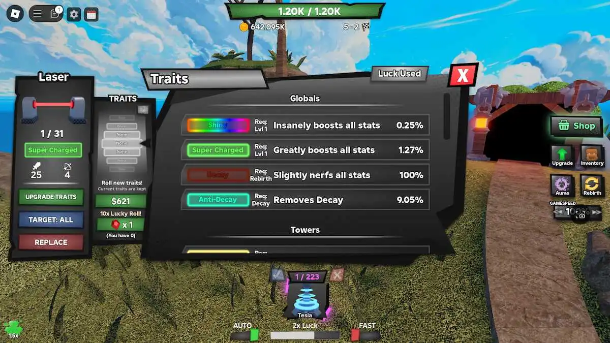 The traits list in Roblox Tower Defense RNG.