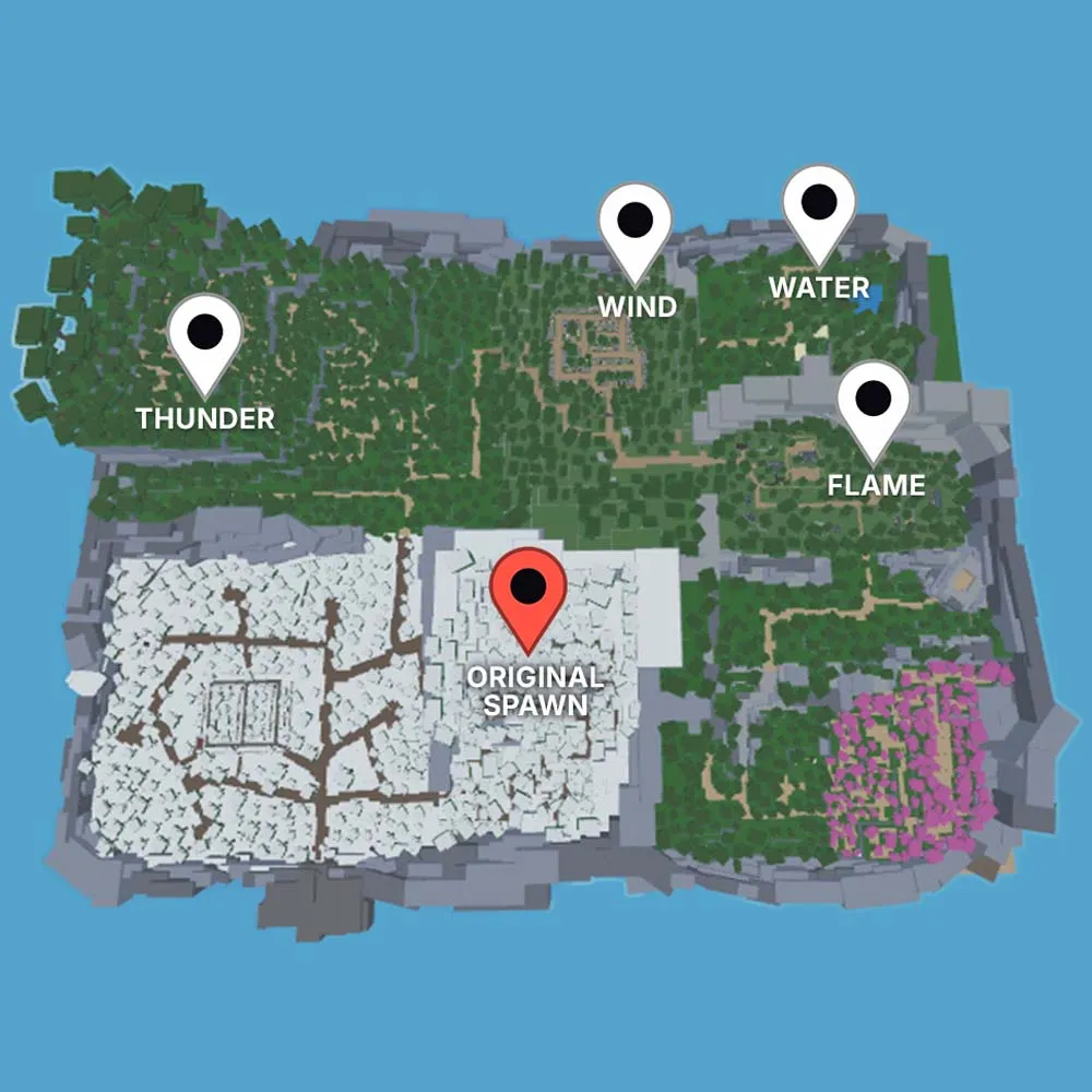 Location of Flame, Wind, Thunder, Water trainers, and original spawn point marked on Slayer Online Roblox map.