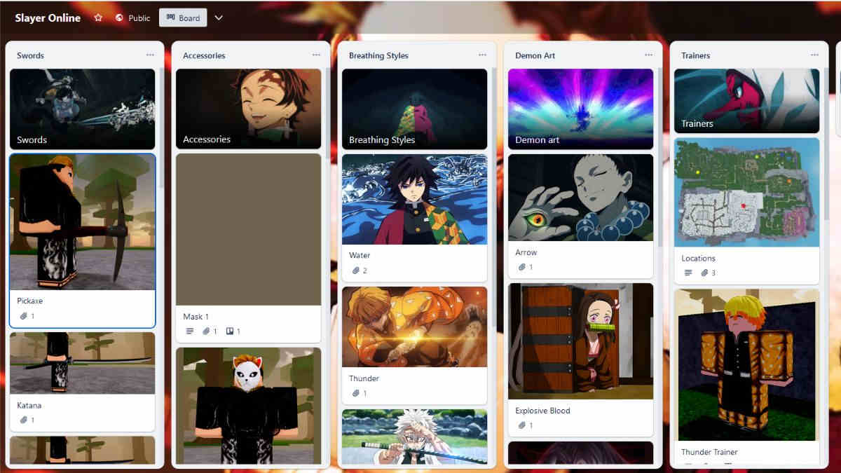 Roblox Slayer Online Trello cards