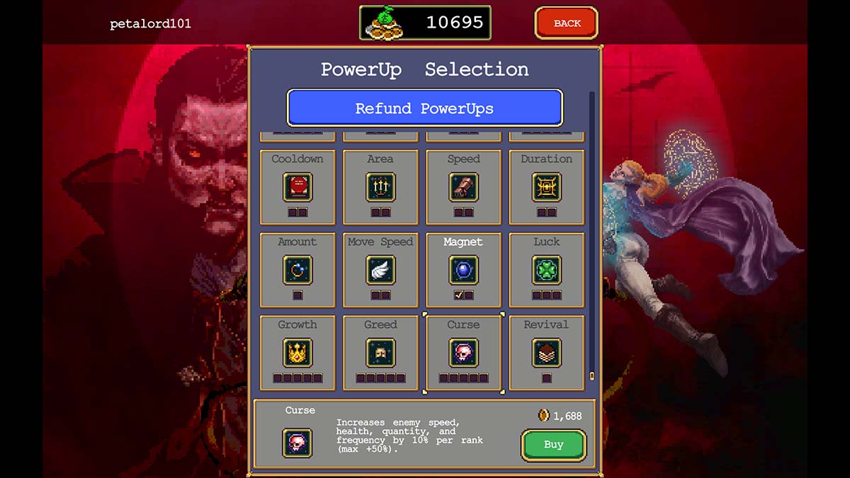 Vampire Survivors powerup selection screen