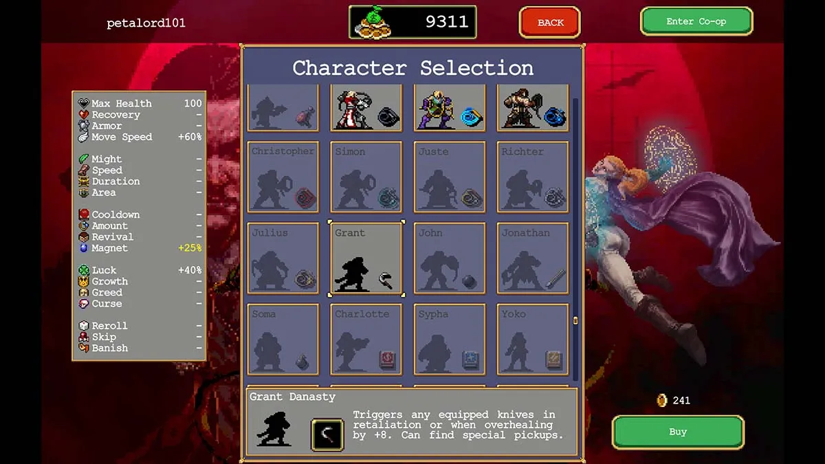 Vampire Survivor character selection menu