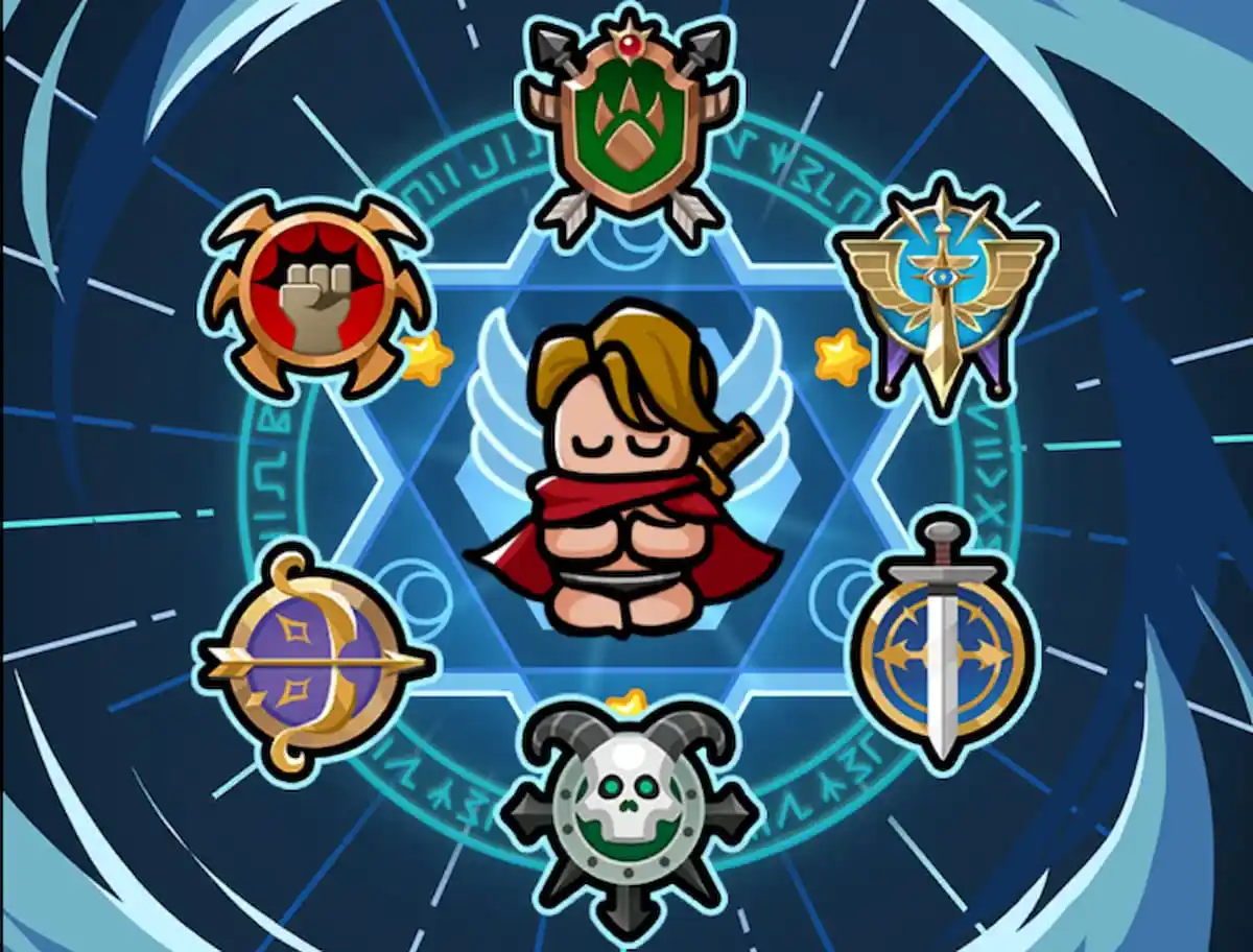 A Hero is meditating in the middle of several symbols