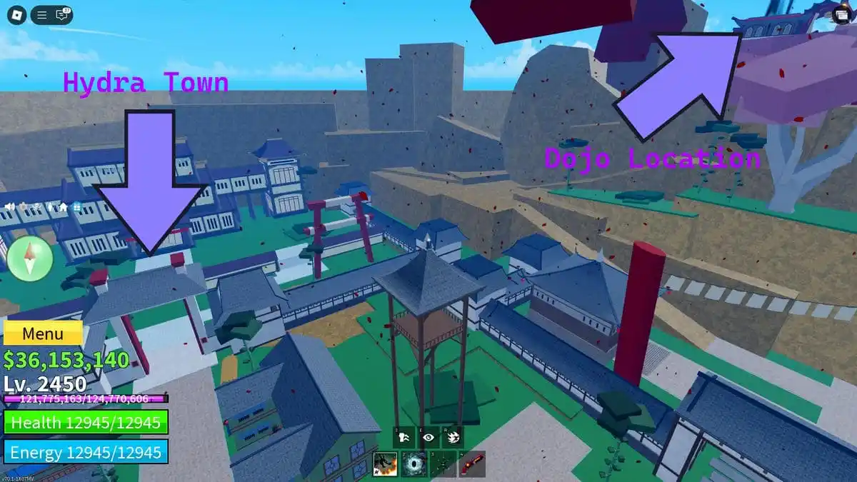 Showing the location of the Dragon Dojo in Blox Fruits