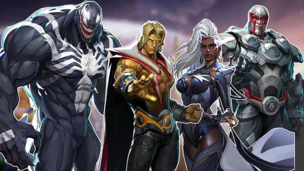 Characters in Marvel Rivals including Venom, Warlock, Storm and Magneto.