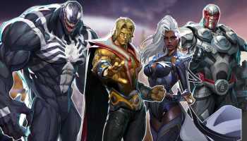 Characters in Marvel Rivals including Venom, Warlock, Storm and Magneto.