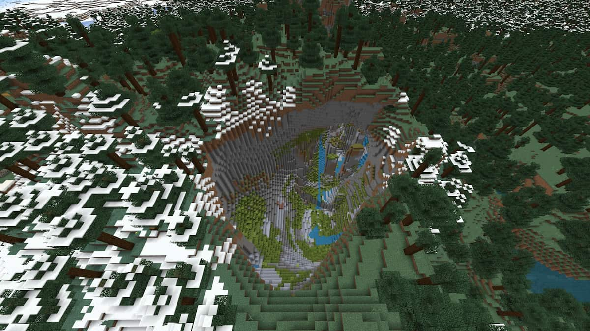 An open-air Lush Cave in a Minecraft Taiga biome