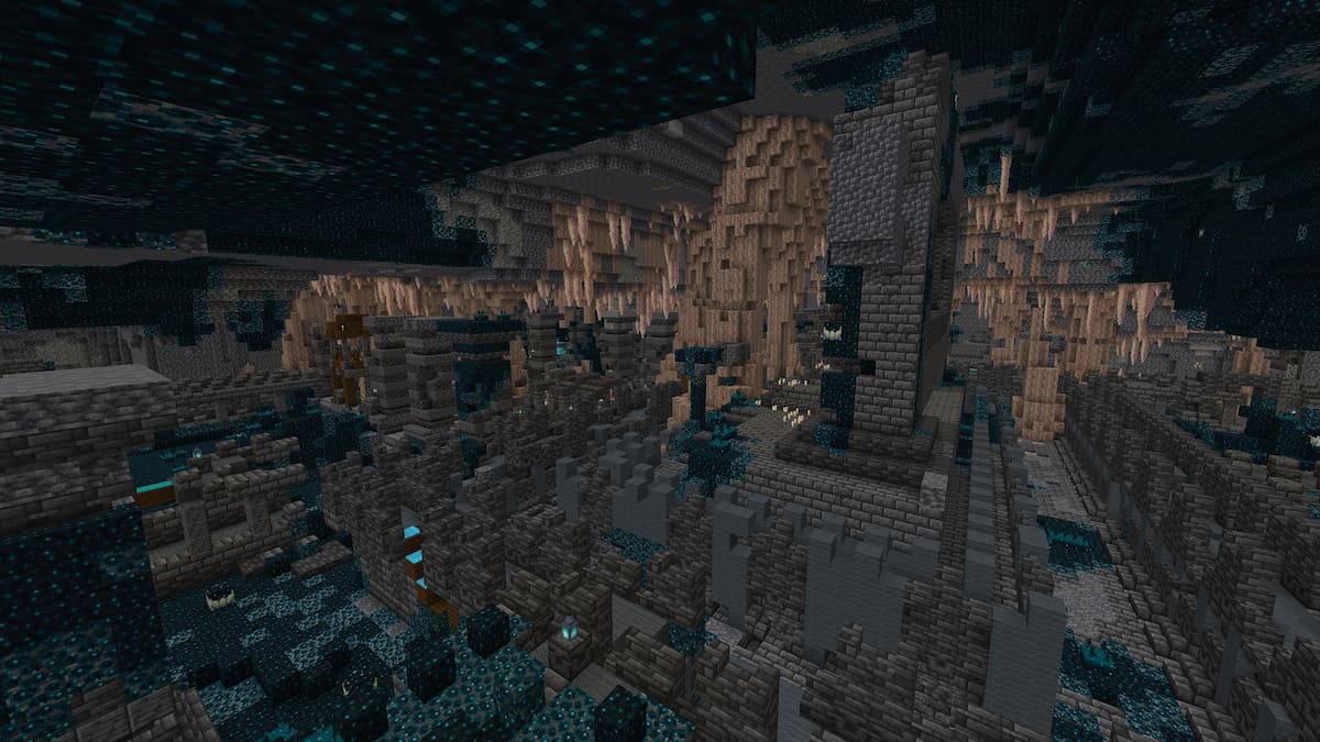 A Minecraft Ancient City in a Dripstone Cave biome