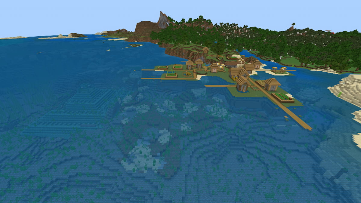 A Plains Village next to an Ocean Monument in Minecraft