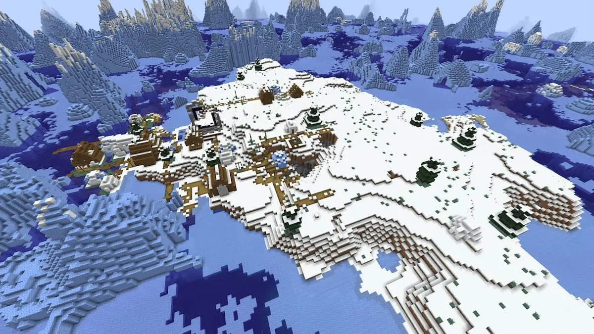 A Snowy Village island surrounded by an Ice Spikes biome in Minecraft