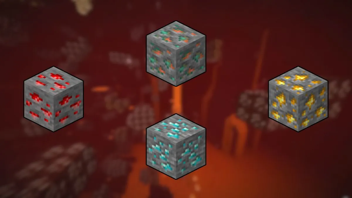 Redstone, Diamond, Gold and Copper Ore in Minecraft.